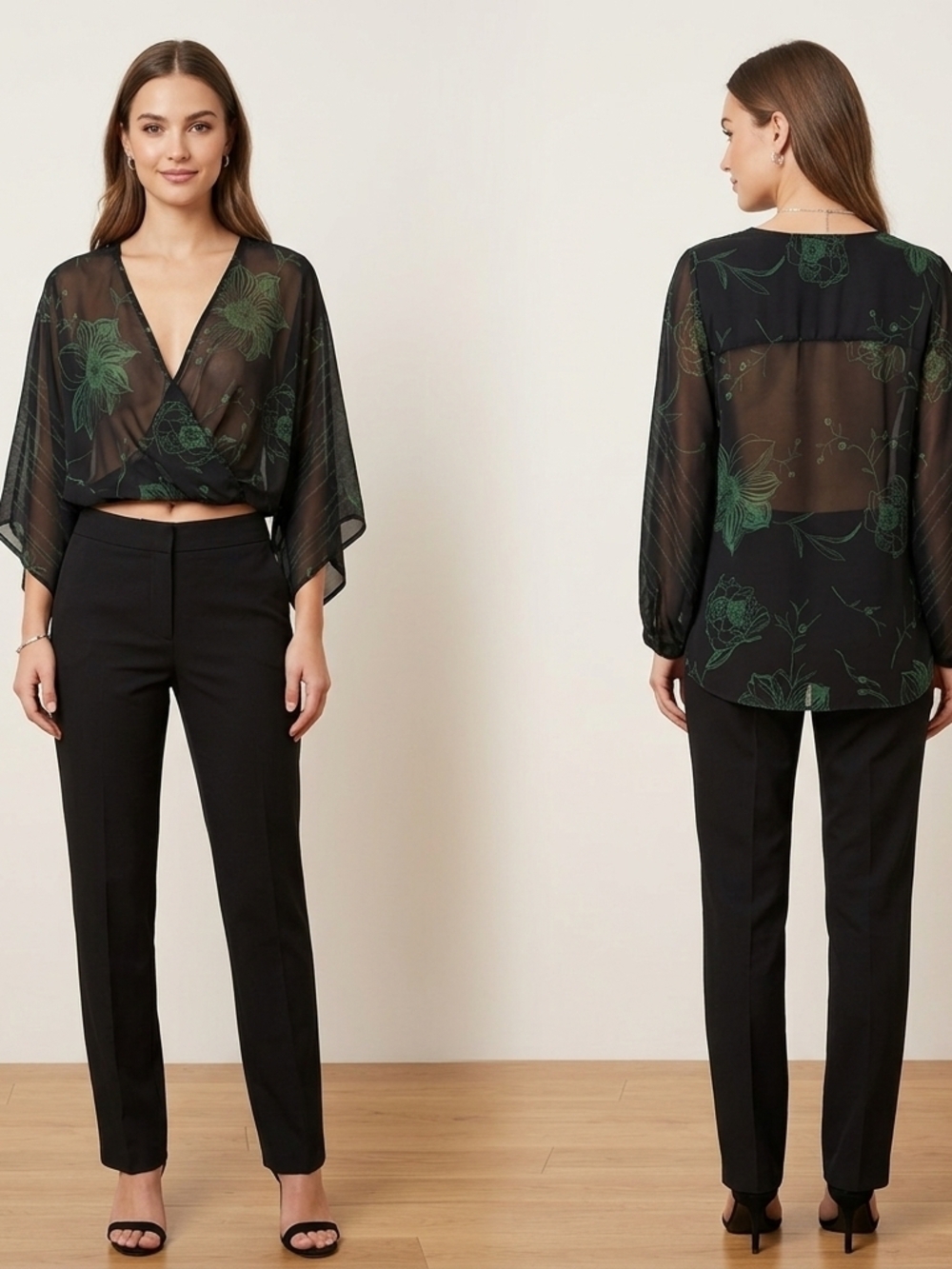 Forever 21 Black Sheer Wrap Blouse with Green Floral Print